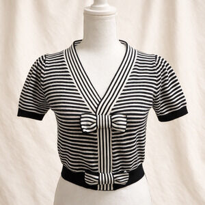 Threaded Leaf Striped Bow Sweater M Cropped Feminine Coquette Parisian Knit Twee